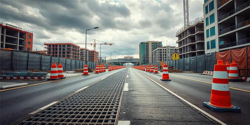 Channel drainage grating on a road under construction